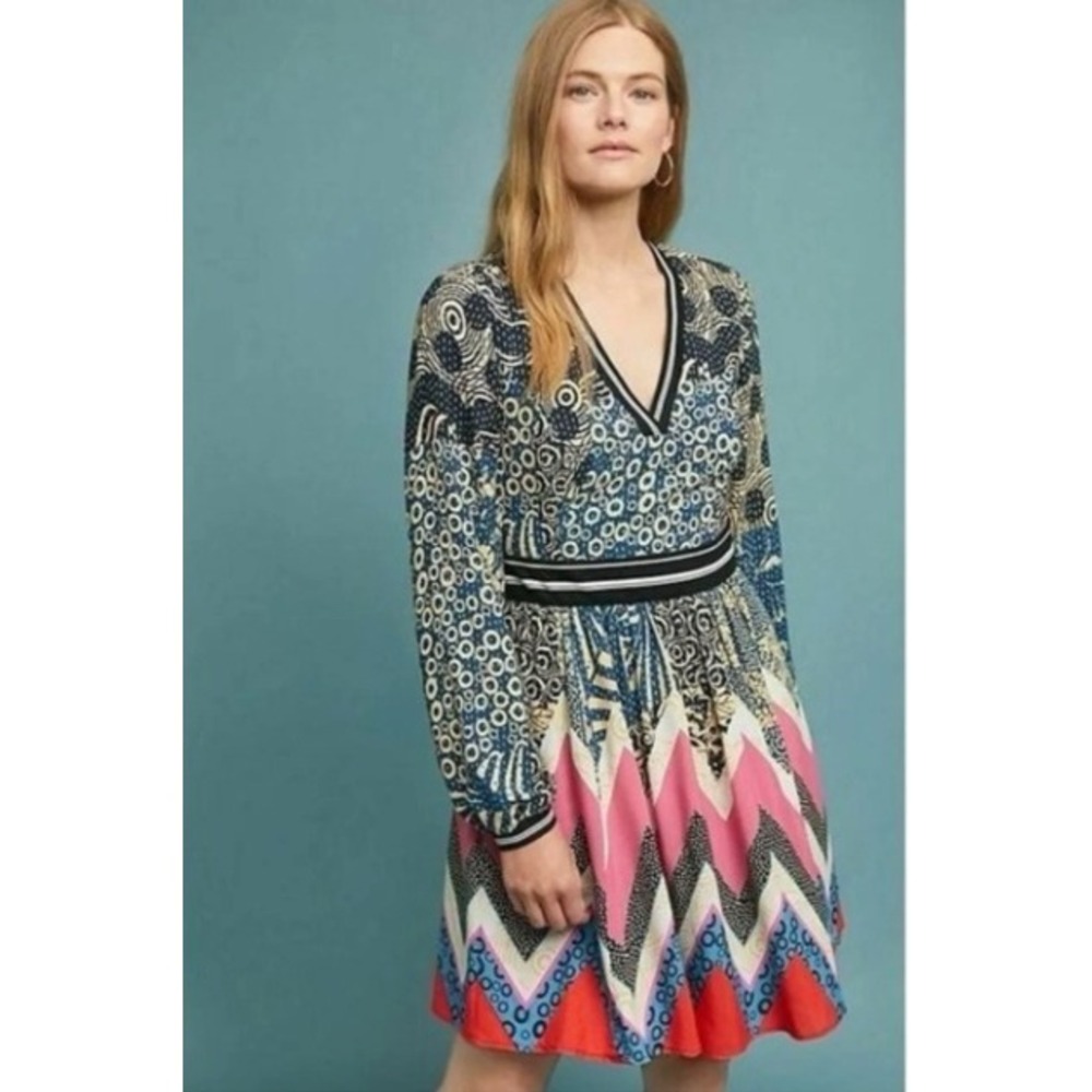 Maeve Anthropologie Sporty Chevron Dress Mixed Print Kantha Fit Flare Dress 8
